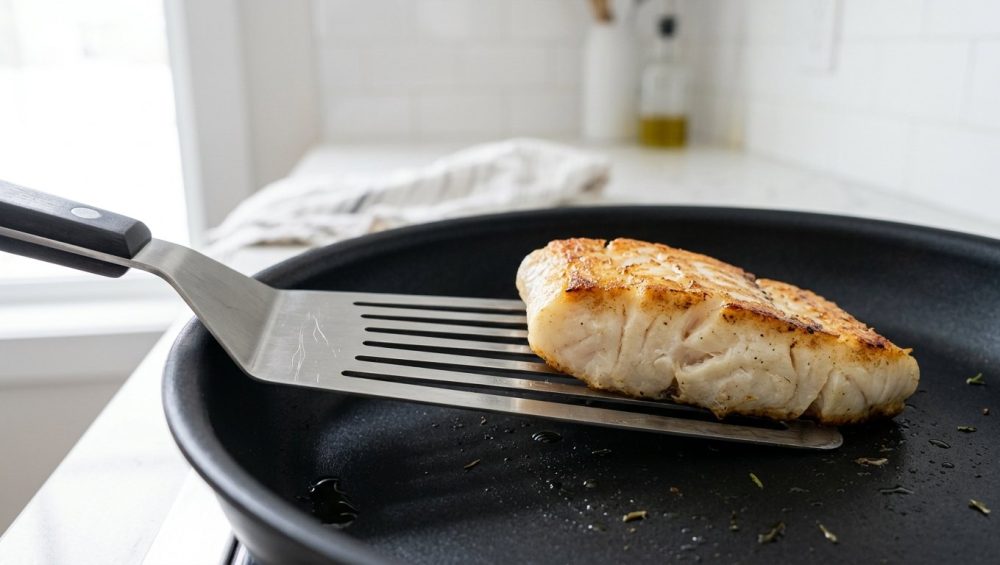 A close-up shows a sleek, ultra-thin metal fish spatula precisely sliding completely under a perfectly pan-seared, flaky fish fillet in a non-stick pan, with a softly blurred minimalist kitchen background.