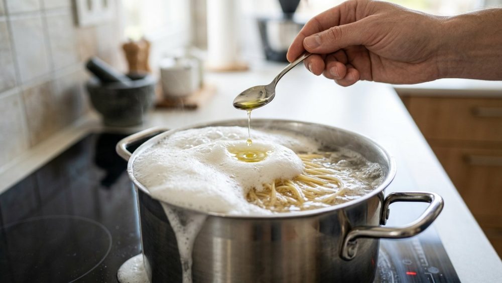 Ultra-photorealistic close-up of a stainless steel pot of vigorously boiling pasta water, overflowing with thick, creamy white starch foam onto a clean induction stovetop. A human hand delicately drips a bead of olive oil from a silver spoon onto the foam's crest, creating a subtle ripple that breaks the surface tension. Fresh pasta swirls in the soft-lit background of a pristine modern kitchen.