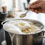 Ultra-photorealistic close-up of a stainless steel pot of vigorously boiling pasta water, overflowing with thick, creamy white starch foam onto a clean induction stovetop. A human hand delicately drips a bead of olive oil from a silver spoon onto the foam's crest, creating a subtle ripple that breaks the surface tension. Fresh pasta swirls in the soft-lit background of a pristine modern kitchen.