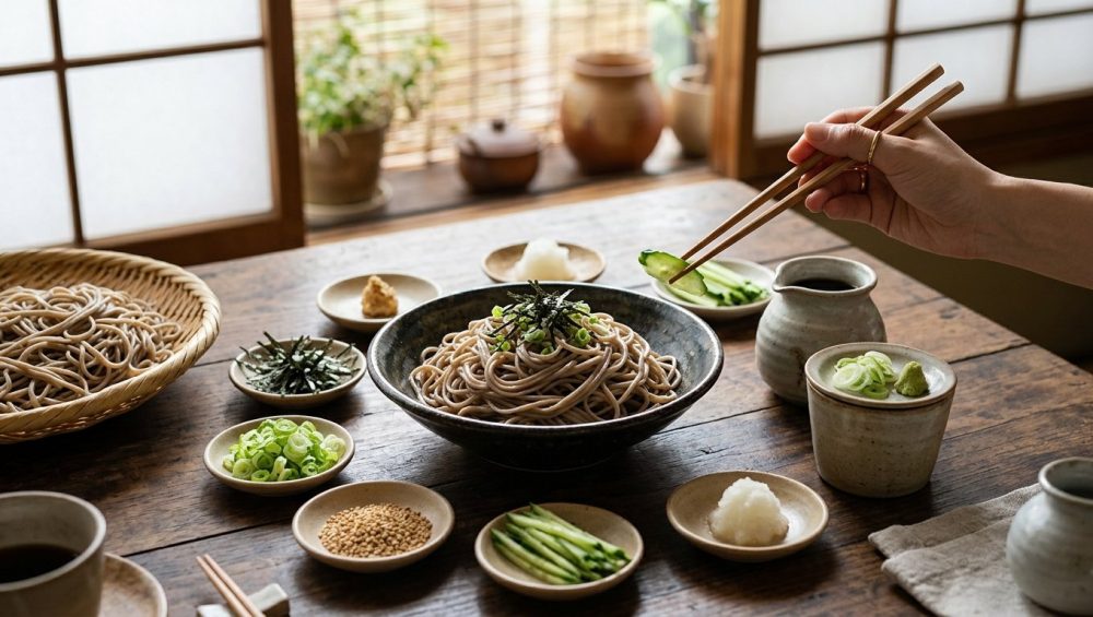 A photorealistic, minimalist image of a Japanese-style cold soba noodle dish in a ceramic bowl, surrounded by vibrant toppings in small dishes on a natural wooden table bathed in soft light. A hand reaches for a topping.