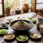 A photorealistic, minimalist image of a Japanese-style cold soba noodle dish in a ceramic bowl, surrounded by vibrant toppings in small dishes on a natural wooden table bathed in soft light. A hand reaches for a topping.
