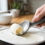 A high-end liquid-filled aluminum ice cream scoop effortlessly glides through rock-hard vanilla ice cream, forming a perfect, smooth curl. The vanilla ice cream is dense, icy, and has a frosty haze, emphasizing its extreme coldness. A relaxed hand holds the scoop with apparent ease, suggesting ergonomic design. The scene is a bright, minimalist kitchen counter, with the background softly blurred to highlight the efficient action and quality materials.