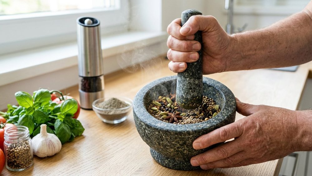 Hands crush vibrant whole spices in a dark granite mortar, releasing fragrance. An electric grinder and pre-ground spices contrast with fresh herbs on a clean kitchen counter.