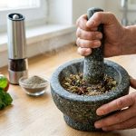 Hands crush vibrant whole spices in a dark granite mortar, releasing fragrance. An electric grinder and pre-ground spices contrast with fresh herbs on a clean kitchen counter.