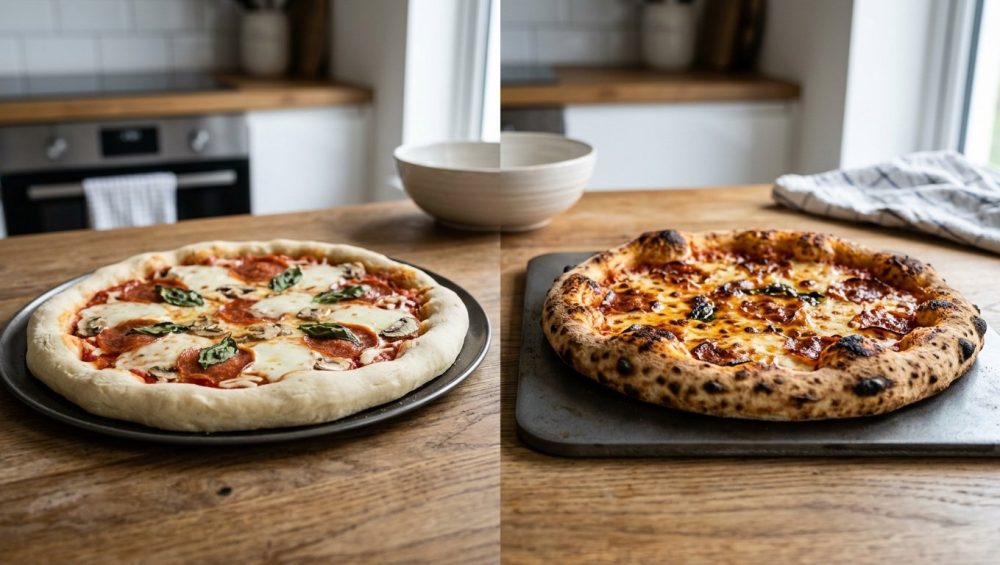 A side-by-side comparison of two homemade pizzas in a modern kitchen. The pizza on the left has a pale, underbaked, doughy crust on a thin metal pan, with unappetizing, partially melted toppings. The pizza on the right boasts a perfectly cooked, golden-brown, blistered, and crispy crust on a thick, dark baking steel, with vibrant, caramelized toppings. It highlights the dramatic difference in crust quality, making the right pizza look utterly delicious.