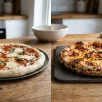 A side-by-side comparison of two homemade pizzas in a modern kitchen. The pizza on the left has a pale, underbaked, doughy crust on a thin metal pan, with unappetizing, partially melted toppings. The pizza on the right boasts a perfectly cooked, golden-brown, blistered, and crispy crust on a thick, dark baking steel, with vibrant, caramelized toppings. It highlights the dramatic difference in crust quality, making the right pizza look utterly delicious.