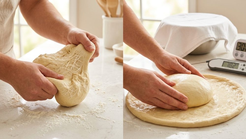 A photorealistic image showing two contrasting scenes of hands preparing yeast dough in a clean kitchen. In the first scene, hands struggle to stretch a resistant, elastic dough, subtly revealing its interwoven gluten structure. The second scene shows the same hands effortlessly stretching a smooth, pliable dough, with a digital thermometer displaying 75°F and a timer at 30:00 visible in the soft background, conveying success after proper resting. The overall mood shifts from frustration to satisfaction.