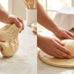 A photorealistic image showing two contrasting scenes of hands preparing yeast dough in a clean kitchen. In the first scene, hands struggle to stretch a resistant, elastic dough, subtly revealing its interwoven gluten structure. The second scene shows the same hands effortlessly stretching a smooth, pliable dough, with a digital thermometer displaying 75°F and a timer at 30:00 visible in the soft background, conveying success after proper resting. The overall mood shifts from frustration to satisfaction.