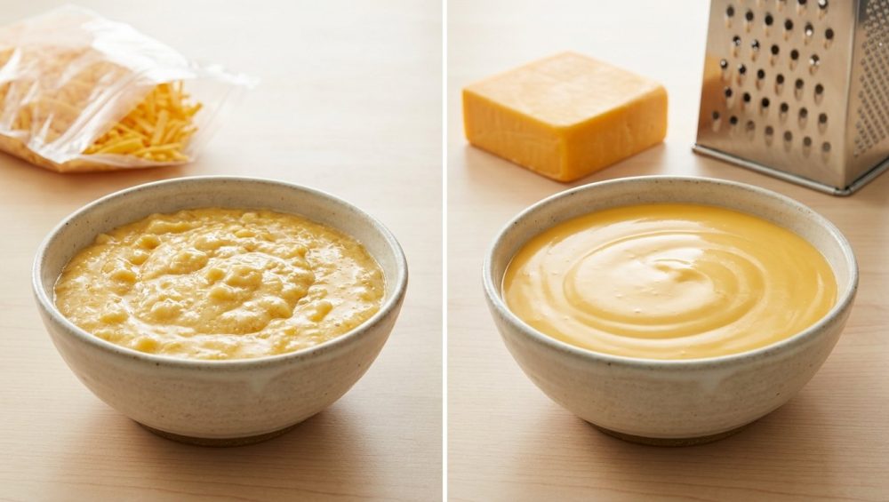 A high-contrast studio photo showcasing two bowls of cheese sauce. On the left, a lumpy, dull sauce sits with a bag of pre-shredded cheese in the background. On the right, a perfectly smooth, glossy sauce is shown with a block of cheddar and grater, highlighting the impact of preparation.