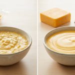 A high-contrast studio photo showcasing two bowls of cheese sauce. On the left, a lumpy, dull sauce sits with a bag of pre-shredded cheese in the background. On the right, a perfectly smooth, glossy sauce is shown with a block of cheddar and grater, highlighting the impact of preparation.