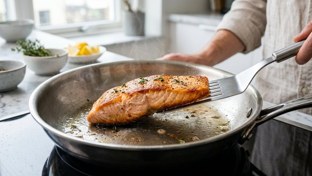 A photorealistic close-up of a salmon fillet searing in a gleaming stainless steel skillet. A spatula lifts a corner, revealing a flawless, crispy, golden-brown Maillard reaction crust. The exposed flesh looks tender and moist, with no residue on the pan, all captured with bright, professional food photography.