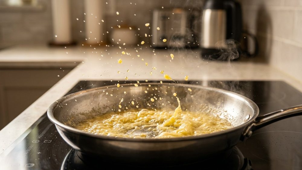 A dynamic, ultra-photorealistic close-up of golden-yellow butter violently melting and splattering in a hot, clean stainless steel frying pan. Glistening butter droplets are frozen mid-air, surrounded by subtle wisps of steam and vigorous bubbling. High-contrast lighting highlights the intense action against a softly blurred kitchen background.