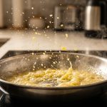 A dynamic, ultra-photorealistic close-up of golden-yellow butter violently melting and splattering in a hot, clean stainless steel frying pan. Glistening butter droplets are frozen mid-air, surrounded by subtle wisps of steam and vigorous bubbling. High-contrast lighting highlights the intense action against a softly blurred kitchen background.