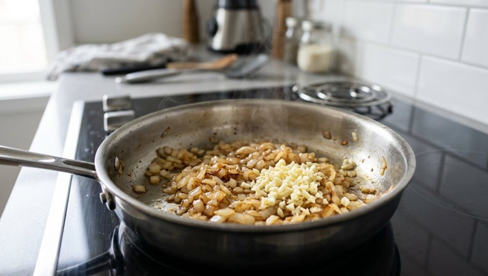 A close-up of a professional-grade stainless steel sauté pan on a sleek stovetop. Inside, finely diced yellow onions are actively sautéing to a translucent, golden-brown, while freshly minced, pale ivory garlic has just been introduced alongside them, clearly less cooked. Subtle steam rises under soft, natural daylight in a softly blurred, minimalist kitchen.