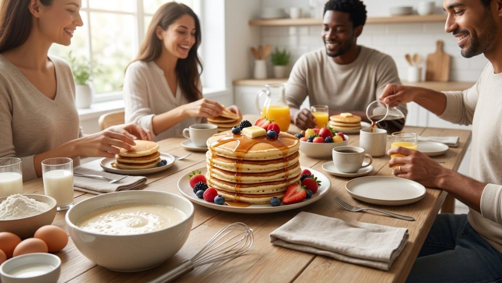 A photorealistic image of a warm, inviting weekend brunch. Fluffy golden-brown pancakes, glistening with maple syrup and topped with fresh berries and melting butter, are the centerpiece on a rustic wooden table. Several diverse friends are casually gathered around, laughing softly and reaching for food in a bright, modern kitchen bathed in natural light. Neatly arranged ingredients like pancake batter, flour, and eggs are visible in the foreground, contributing to a clean, fresh aesthetic.