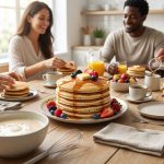 A photorealistic image of a warm, inviting weekend brunch. Fluffy golden-brown pancakes, glistening with maple syrup and topped with fresh berries and melting butter, are the centerpiece on a rustic wooden table. Several diverse friends are casually gathered around, laughing softly and reaching for food in a bright, modern kitchen bathed in natural light. Neatly arranged ingredients like pancake batter, flour, and eggs are visible in the foreground, contributing to a clean, fresh aesthetic.