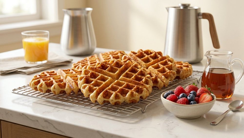 A photorealistic image of several perfectly golden-brown, crisp waffles on a metal cooling rack, set on a light wooden table. Small bowls of vibrant fresh berries (strawberries, blueberries, raspberries) and a clear glass pitcher of maple syrup are arranged nearby. A coffee carafe and a glass of orange juice are softly blurred in the background. The scene is bathed in warm, soft morning light, creating an inviting atmosphere for a delicious communal breakfast.