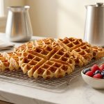 A photorealistic image of several perfectly golden-brown, crisp waffles on a metal cooling rack, set on a light wooden table. Small bowls of vibrant fresh berries (strawberries, blueberries, raspberries) and a clear glass pitcher of maple syrup are arranged nearby. A coffee carafe and a glass of orange juice are softly blurred in the background. The scene is bathed in warm, soft morning light, creating an inviting atmosphere for a delicious communal breakfast.