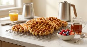 A photorealistic image of several perfectly golden-brown, crisp waffles on a metal cooling rack, set on a light wooden table. Small bowls of vibrant fresh berries (strawberries, blueberries, raspberries) and a clear glass pitcher of maple syrup are arranged nearby. A coffee carafe and a glass of orange juice are softly blurred in the background. The scene is bathed in warm, soft morning light, creating an inviting atmosphere for a delicious communal breakfast.