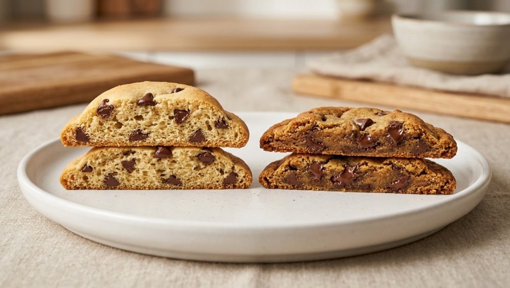 A photorealistic studio food photograph shows two chocolate chip cookies, sliced in half, side-by-side on a white plate. The left cookie is tall and cake-like with an airy, open crumb, while the right cookie is flatter and denser with a rich, fudgy interior.
