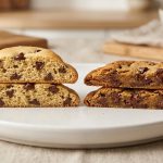 A photorealistic studio food photograph shows two chocolate chip cookies, sliced in half, side-by-side on a white plate. The left cookie is tall and cake-like with an airy, open crumb, while the right cookie is flatter and denser with a rich, fudgy interior.