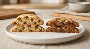 A photorealistic studio food photograph shows two chocolate chip cookies, sliced in half, side-by-side on a white plate. The left cookie is tall and cake-like with an airy, open crumb, while the right cookie is flatter and denser with a rich, fudgy interior.