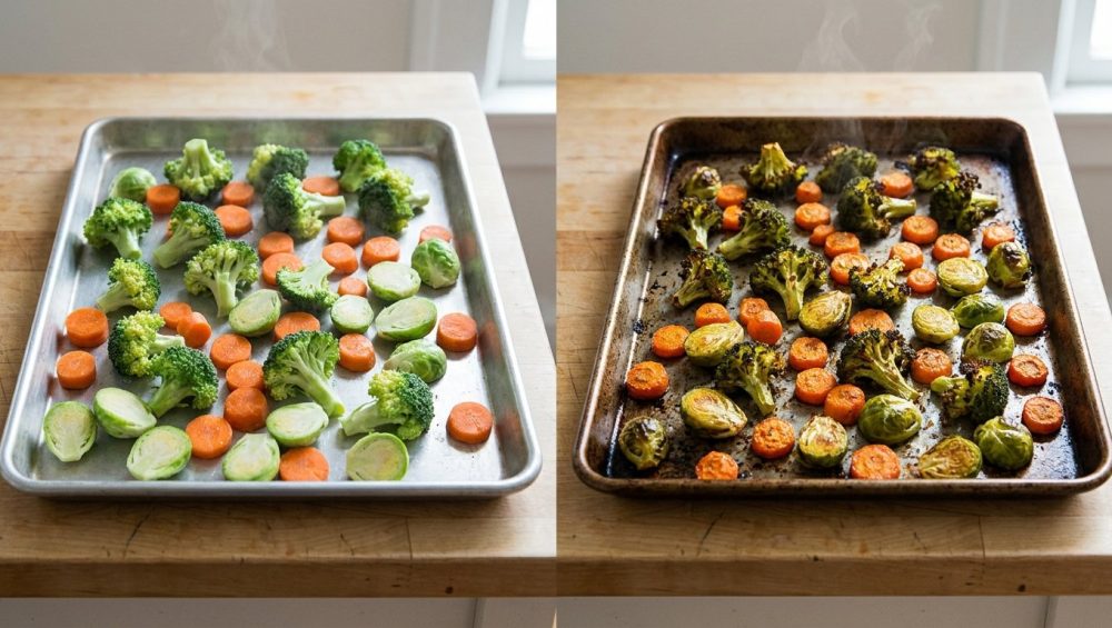 A hyper-realistic photograph showing a dramatic side-by-side comparison of roasted vegetables. On the left, pale, limp, and visibly moist raw broccoli, carrots, and Brussels sprouts sit on an unheated pan. On the right, identical vegetables are perfectly golden brown, deeply caramelized, and crisp with subtly charred edges, on a visibly hot pan. The image emphasizes the impact of proper heat on roasting results, set on a clean countertop with no text.