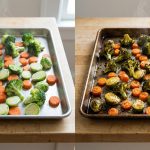 A hyper-realistic photograph showing a dramatic side-by-side comparison of roasted vegetables. On the left, pale, limp, and visibly moist raw broccoli, carrots, and Brussels sprouts sit on an unheated pan. On the right, identical vegetables are perfectly golden brown, deeply caramelized, and crisp with subtly charred edges, on a visibly hot pan. The image emphasizes the impact of proper heat on roasting results, set on a clean countertop with no text.