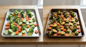 A hyper-realistic photograph showing a dramatic side-by-side comparison of roasted vegetables. On the left, pale, limp, and visibly moist raw broccoli, carrots, and Brussels sprouts sit on an unheated pan. On the right, identical vegetables are perfectly golden brown, deeply caramelized, and crisp with subtly charred edges, on a visibly hot pan. The image emphasizes the impact of proper heat on roasting results, set on a clean countertop with no text.