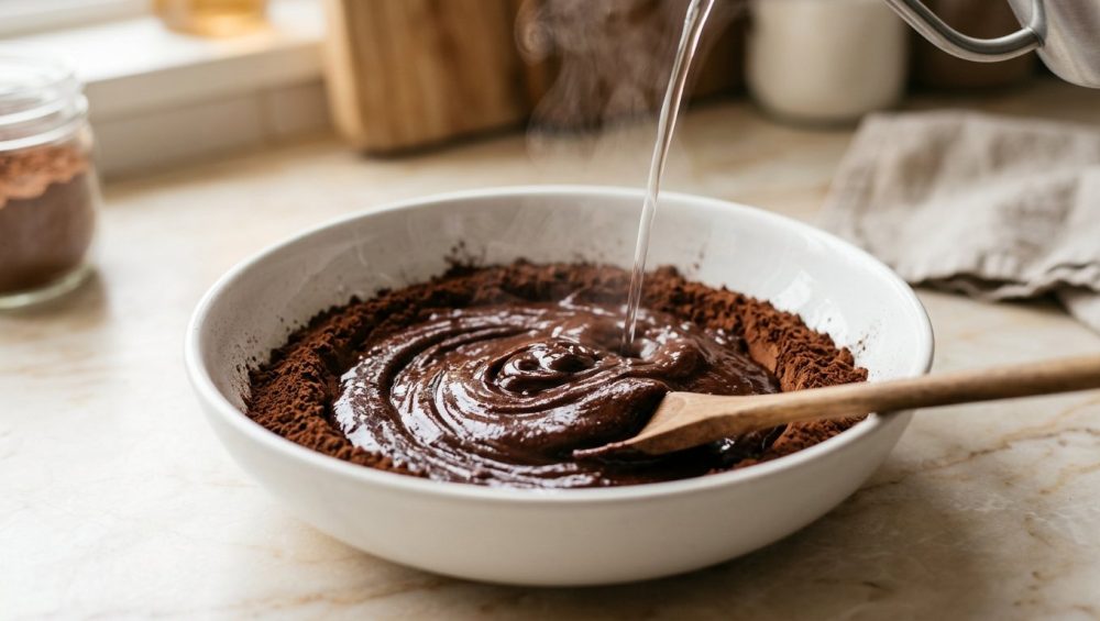 A photorealistic close-up of rich, dark cocoa powder blooming in a minimalist white ceramic bowl. A thin stream of steaming liquid pours onto it, creating a swirling, glossy, deep mahogany-brown paste with subtle highlights. Wisps of steam rise from the incredibly smooth mixture. A silver whisk rests in the bowl, all set against a softly blurred, clean kitchen counter.