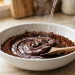 A photorealistic close-up of rich, dark cocoa powder blooming in a minimalist white ceramic bowl. A thin stream of steaming liquid pours onto it, creating a swirling, glossy, deep mahogany-brown paste with subtle highlights. Wisps of steam rise from the incredibly smooth mixture. A silver whisk rests in the bowl, all set against a softly blurred, clean kitchen counter.