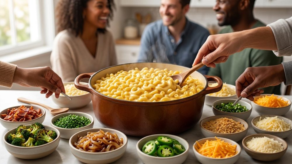 An ultra-photorealistic, eye-level view of a vibrant, gourmet macaroni and cheese bar in a warm, clean setting. A large, steaming bowl of glossy, golden macaroni and cheese is surrounded by elegantly arranged toppings like crispy bacon, bright green chives, roasted broccoli, and various grated cheeses. Diverse hands interact with the food, set against a softly blurred background of happy, smiling faces, all bathed in warm natural light.