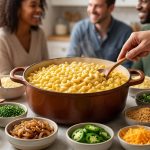 An ultra-photorealistic, eye-level view of a vibrant, gourmet macaroni and cheese bar in a warm, clean setting. A large, steaming bowl of glossy, golden macaroni and cheese is surrounded by elegantly arranged toppings like crispy bacon, bright green chives, roasted broccoli, and various grated cheeses. Diverse hands interact with the food, set against a softly blurred background of happy, smiling faces, all bathed in warm natural light.