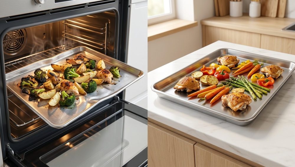 A hyper-photorealistic diptych contrasting bakeware quality. The left panel shows a severely warped, thin aluminum sheet pan inside a brightly lit oven, with roasted vegetables that are unevenly cooked—some charred black, others pale and undercooked. Heat haze shimmers above the distorted metal. The right panel features a perfectly flat, thick, professional-grade stainless steel sheet pan resting on a clean kitchen counter, filled with uniformly golden-brown, perfectly cooked, and neatly arranged roasted vegetables. The image clearly demonstrates the impact of pan quality on cooking results.