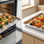 A hyper-photorealistic diptych contrasting bakeware quality. The left panel shows a severely warped, thin aluminum sheet pan inside a brightly lit oven, with roasted vegetables that are unevenly cooked—some charred black, others pale and undercooked. Heat haze shimmers above the distorted metal. The right panel features a perfectly flat, thick, professional-grade stainless steel sheet pan resting on a clean kitchen counter, filled with uniformly golden-brown, perfectly cooked, and neatly arranged roasted vegetables. The image clearly demonstrates the impact of pan quality on cooking results.