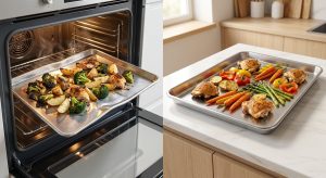 A hyper-photorealistic diptych contrasting bakeware quality. The left panel shows a severely warped, thin aluminum sheet pan inside a brightly lit oven, with roasted vegetables that are unevenly cooked—some charred black, others pale and undercooked. Heat haze shimmers above the distorted metal. The right panel features a perfectly flat, thick, professional-grade stainless steel sheet pan resting on a clean kitchen counter, filled with uniformly golden-brown, perfectly cooked, and neatly arranged roasted vegetables. The image clearly demonstrates the impact of pan quality on cooking results.