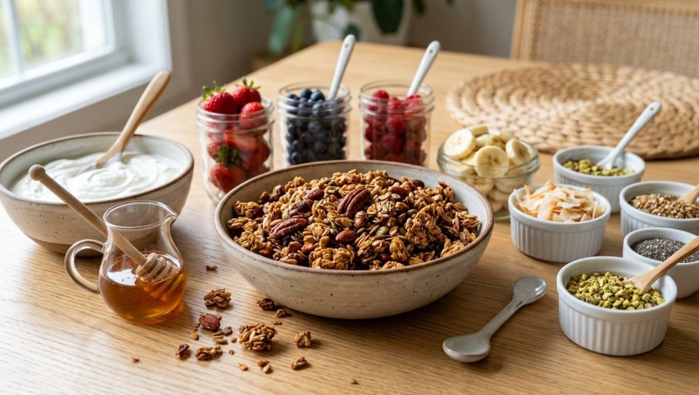 An abundant, inviting yogurt parfait bar for brunch, centered around a rustic bowl of perfectly clustered golden granola. Creamy Greek yogurt, vibrant fresh berries, sliced bananas, toasted coconut, honey, pistachios, and chia seeds are neatly arranged on a light wooden table, bathed in soft natural light, creating a fresh, appetizing scene.