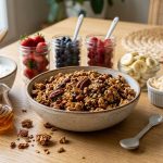An abundant, inviting yogurt parfait bar for brunch, centered around a rustic bowl of perfectly clustered golden granola. Creamy Greek yogurt, vibrant fresh berries, sliced bananas, toasted coconut, honey, pistachios, and chia seeds are neatly arranged on a light wooden table, bathed in soft natural light, creating a fresh, appetizing scene.