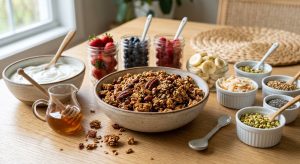 An abundant, inviting yogurt parfait bar for brunch, centered around a rustic bowl of perfectly clustered golden granola. Creamy Greek yogurt, vibrant fresh berries, sliced bananas, toasted coconut, honey, pistachios, and chia seeds are neatly arranged on a light wooden table, bathed in soft natural light, creating a fresh, appetizing scene.