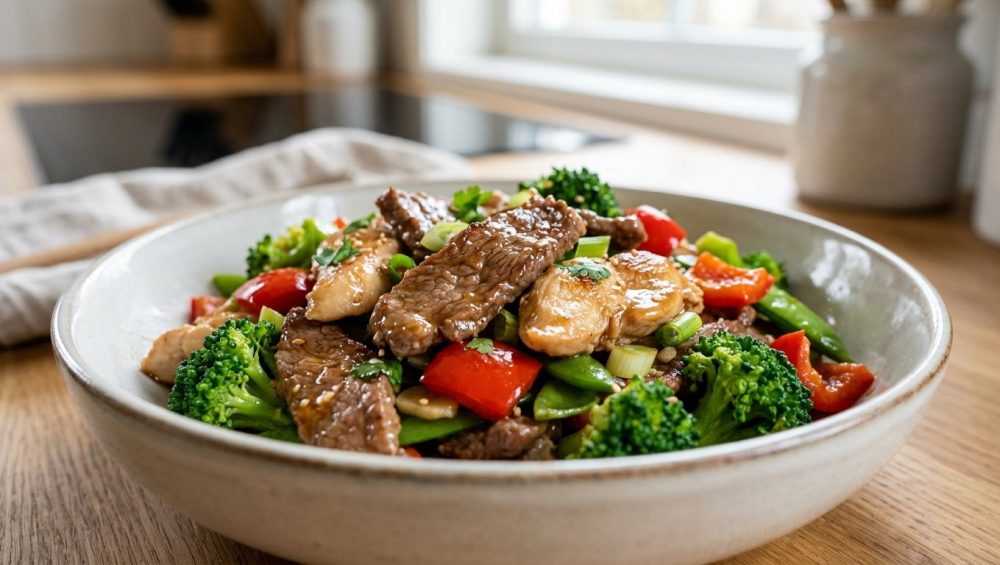 A hyperrealistic, close-up photograph of perfectly stir-fried, succulent sliced beef and chicken glistening with savory sauce, artfully arranged with vibrant broccoli florets, red bell peppers, and snap peas in a minimalist ceramic bowl.