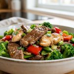 A hyperrealistic, close-up photograph of perfectly stir-fried, succulent sliced beef and chicken glistening with savory sauce, artfully arranged with vibrant broccoli florets, red bell peppers, and snap peas in a minimalist ceramic bowl.