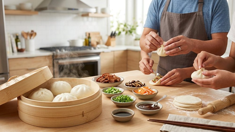 A warm, inviting, photorealistic kitchen scene bathed in soft natural daylight. In the foreground, a bamboo steamer gently releases steam, revealing fluffy white bao buns, one with a subtle wrinkle. On a clean wooden countertop, diverse hands are actively shaping and filling bao with colorful ingredients from ceramic bowls, including glistening pork belly, vibrant scallions, and pickled vegetables. Unsteamed dough rounds, a rolling pin, and chopsticks are neatly arranged. The background is softly blurred, suggesting a modern kitchen, creating a dynamic yet calm food preparation scene.