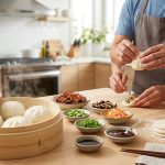 A warm, inviting, photorealistic kitchen scene bathed in soft natural daylight. In the foreground, a bamboo steamer gently releases steam, revealing fluffy white bao buns, one with a subtle wrinkle. On a clean wooden countertop, diverse hands are actively shaping and filling bao with colorful ingredients from ceramic bowls, including glistening pork belly, vibrant scallions, and pickled vegetables. Unsteamed dough rounds, a rolling pin, and chopsticks are neatly arranged. The background is softly blurred, suggesting a modern kitchen, creating a dynamic yet calm food preparation scene.