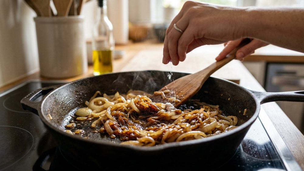A close-up, photorealistic shot captures vibrant yellow onions caramelizing in a cast iron skillet on a modern stovetop. The onions display a spectrum from translucent to deep, glistening mahogany, actively stirred by a hand with a wooden spatula. Subtle steam rises, and a tiny pinch of white powder is subtly dropped into the pan. Warm, inviting light highlights the rich, gourmet transformation.