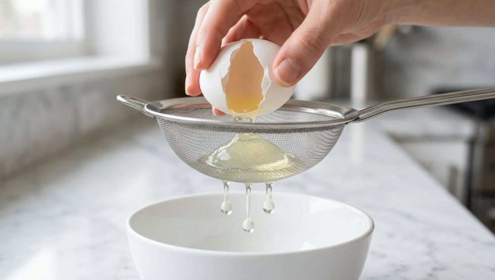 An ultra-photorealistic close-up of a hand gently cracking a raw egg over a fine-mesh strainer. Thin, watery egg white drips in clear drops into a white bowl below, while the thick, gelatinous albumen remains held within the mesh, set against a clean, bright kitchen counter.