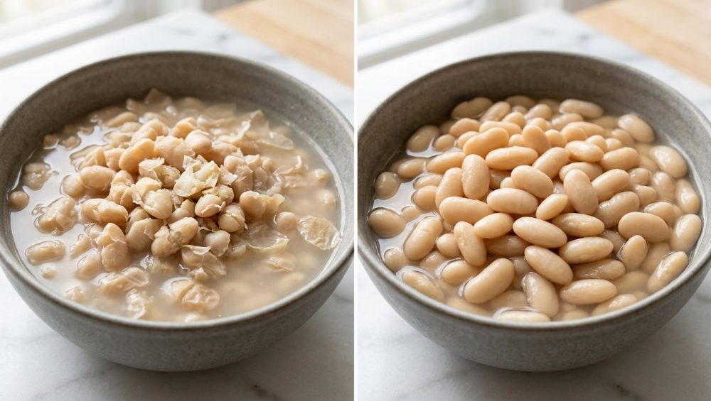 A hyperrealistic, side-by-side comparison of two ceramic bowls of white beans on a pristine modern kitchen counter. On the left, a bowl of mushy, overcooked beans with burst skins in cloudy liquid. On the right, an identical bowl of perfectly cooked, plump, intact beans in clear liquid, highlighting the dramatic difference in texture and quality.