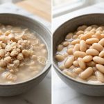A hyperrealistic, side-by-side comparison of two ceramic bowls of white beans on a pristine modern kitchen counter. On the left, a bowl of mushy, overcooked beans with burst skins in cloudy liquid. On the right, an identical bowl of perfectly cooked, plump, intact beans in clear liquid, highlighting the dramatic difference in texture and quality.