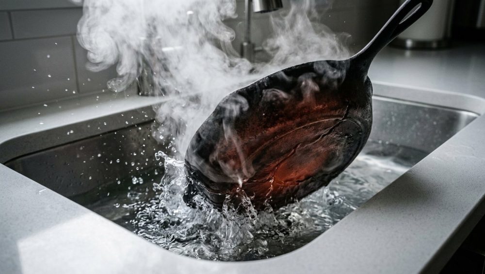 A faintly glowing red cast iron skillet is plunged into cold water in a modern kitchen sink. A dramatic plume of thick white steam erupts as the skillet's base visibly warps and buckles from the severe thermal shock. The close-up shot highlights the powerful, destructive reaction in a pristine, high-contrast setting.