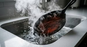 A faintly glowing red cast iron skillet is plunged into cold water in a modern kitchen sink. A dramatic plume of thick white steam erupts as the skillet's base visibly warps and buckles from the severe thermal shock. The close-up shot highlights the powerful, destructive reaction in a pristine, high-contrast setting.