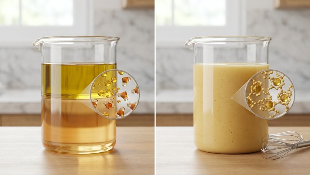 A photorealistic diptych illustrates molecular emulsification. On the left, a glass beaker contains distinct layers of shimmering golden olive oil over clear amber vinegar. Golden oil molecules and amber vinegar molecules are shown subtly repelling each other at their interface. On the right, the same beaker holds a smooth, creamy, pale golden-yellow emulsified vinaigrette. Inside, more complex, warm yellow-brown mustard molecules encapsulate the golden oil molecules, suspending them evenly. A silver whisk rests beside the emulsified mixture, all illuminated by soft natural light.